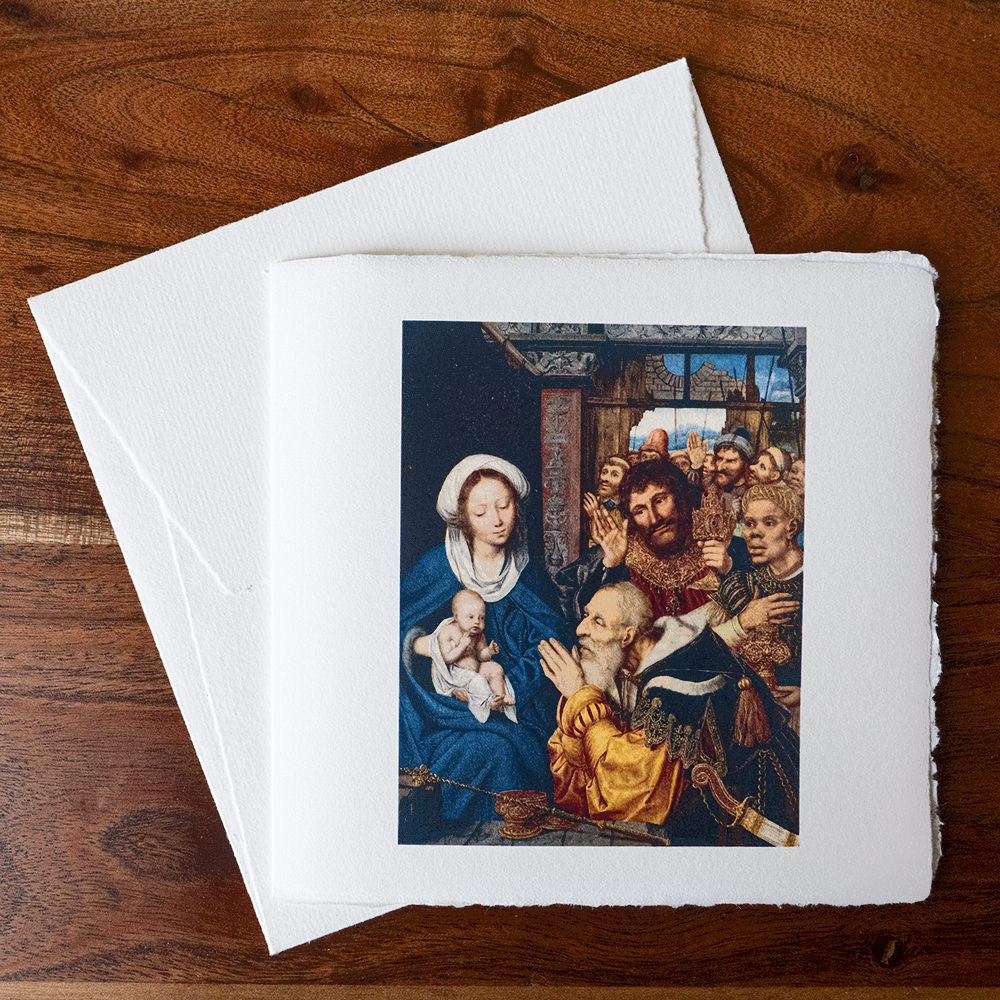 Weihnachtskarte aus Büttenpapier mit der Anbetung der Könige von Quinten Massys, daneben der passende Umschlag. Weihnachtskarte aus Büttenpapier mit der Anbetung der Könige von Quinten Massys, daneben der passende Umschlag.
